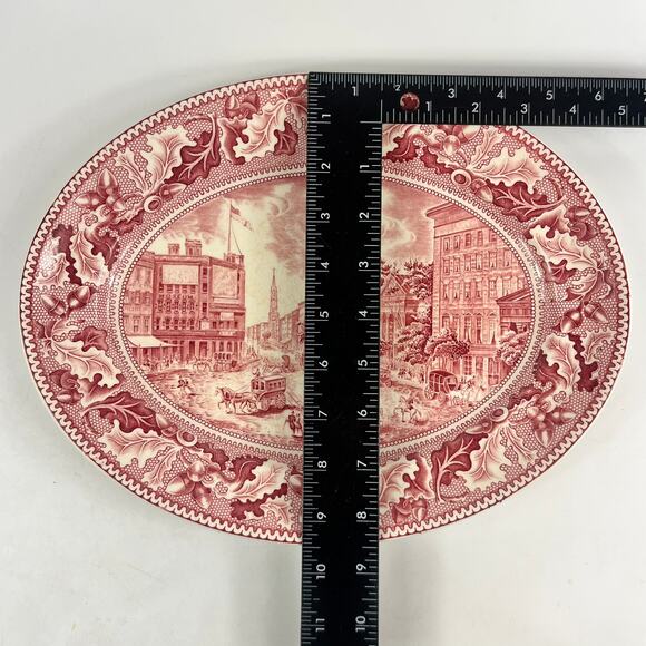 Johnson Bros Historic America Barnum's Museum Broadway NYC Oval Platter Red - Picture 6 of 10
